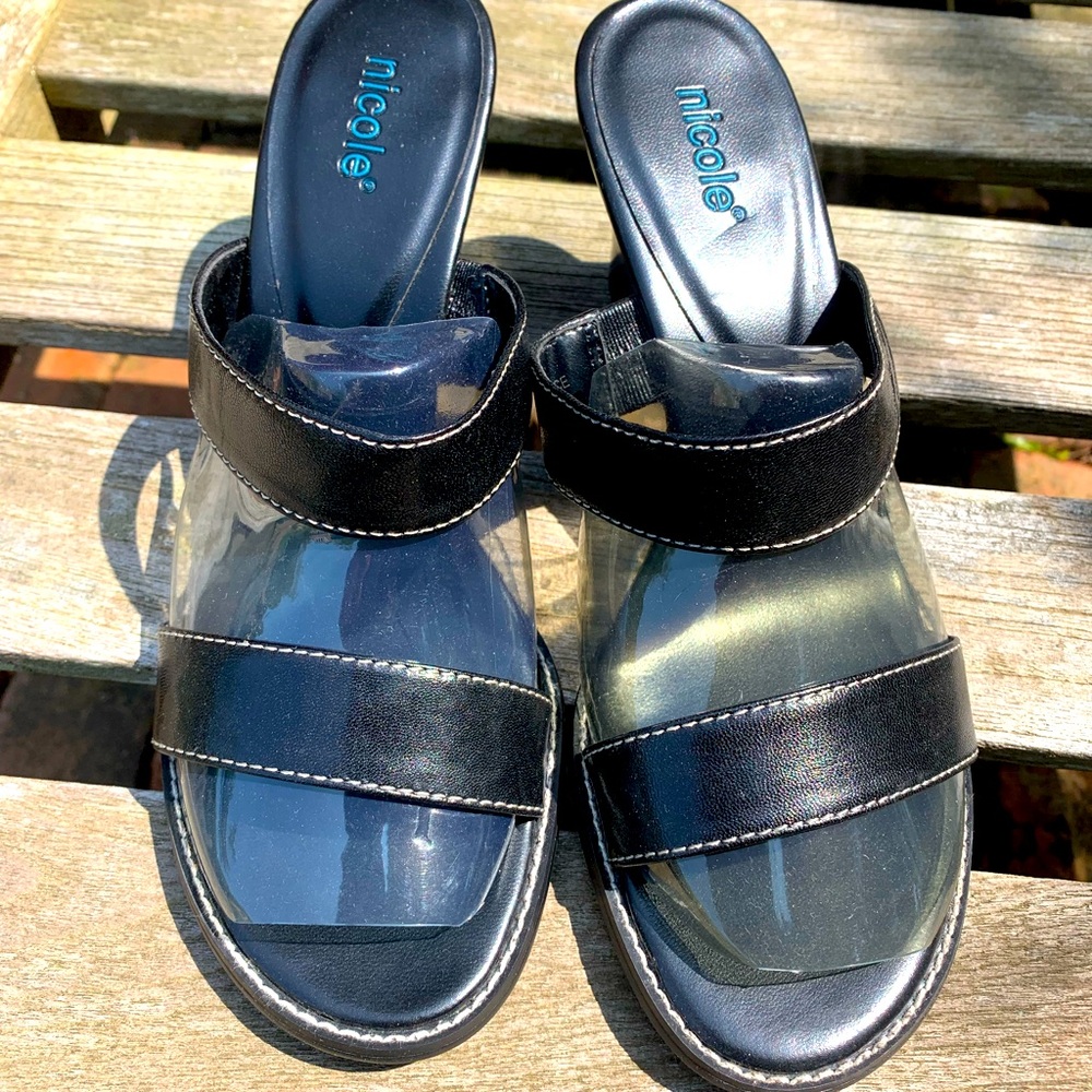 Nicole Black Leather Wedge Heel Sandal Size 7M